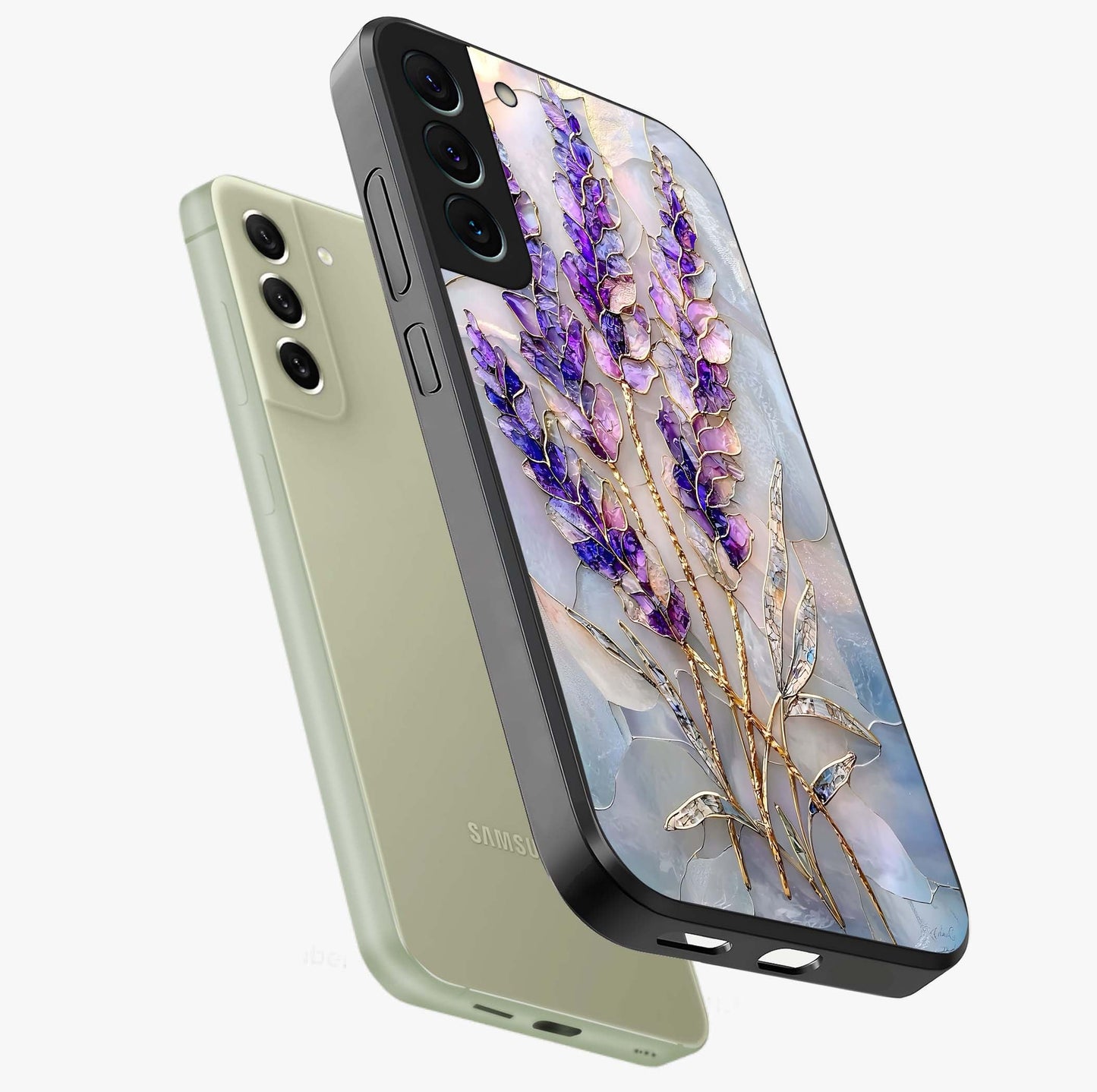 Lavender Dream Glow Glass Case displayed in angled mockup highlighting dreamy purple glow design with soft artistic style.