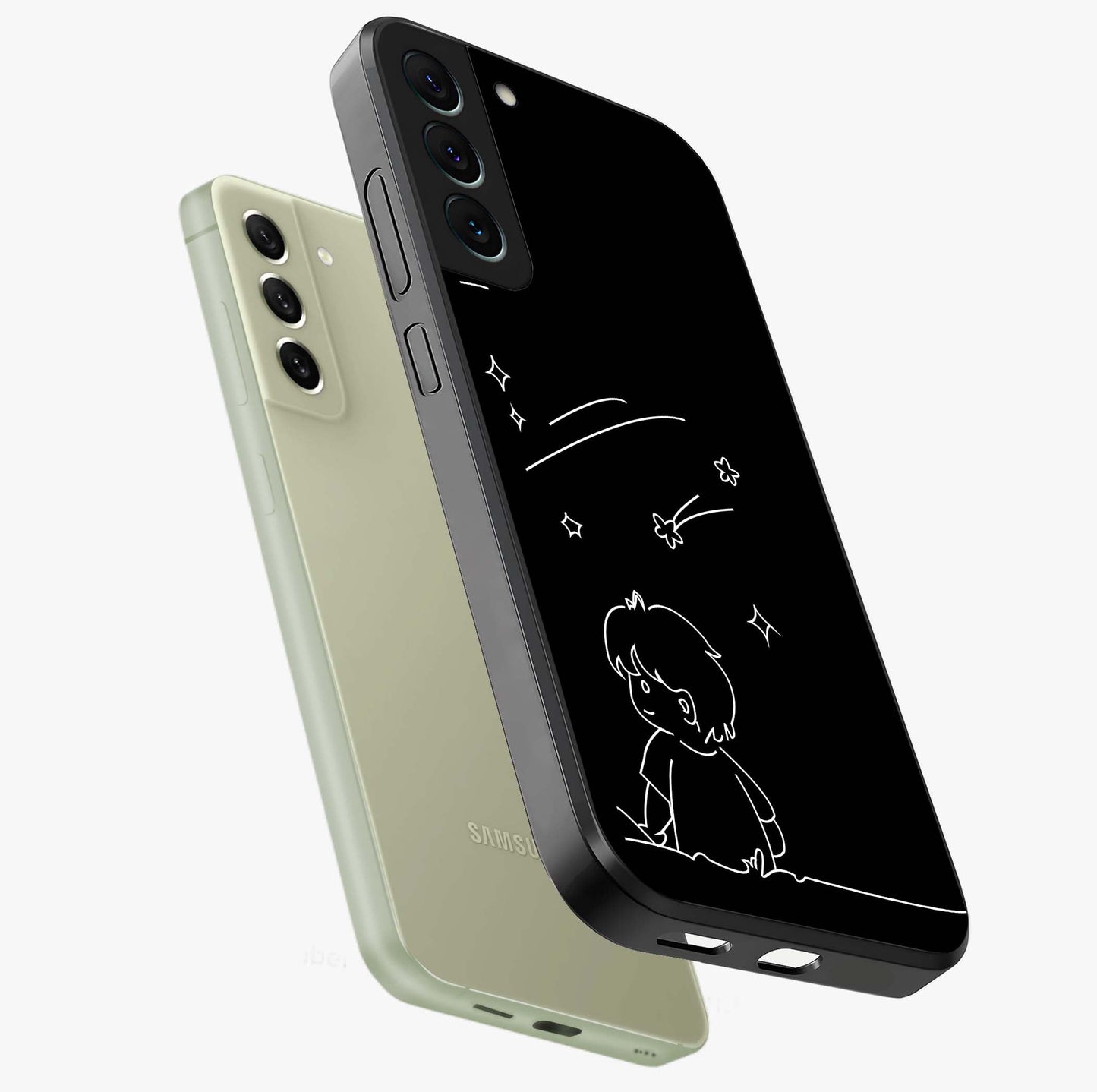 Line Art Boy With Shooting Stars Glass Case displayed in angled mockup highlighting elegant line art design with dreamy star aesthetic.