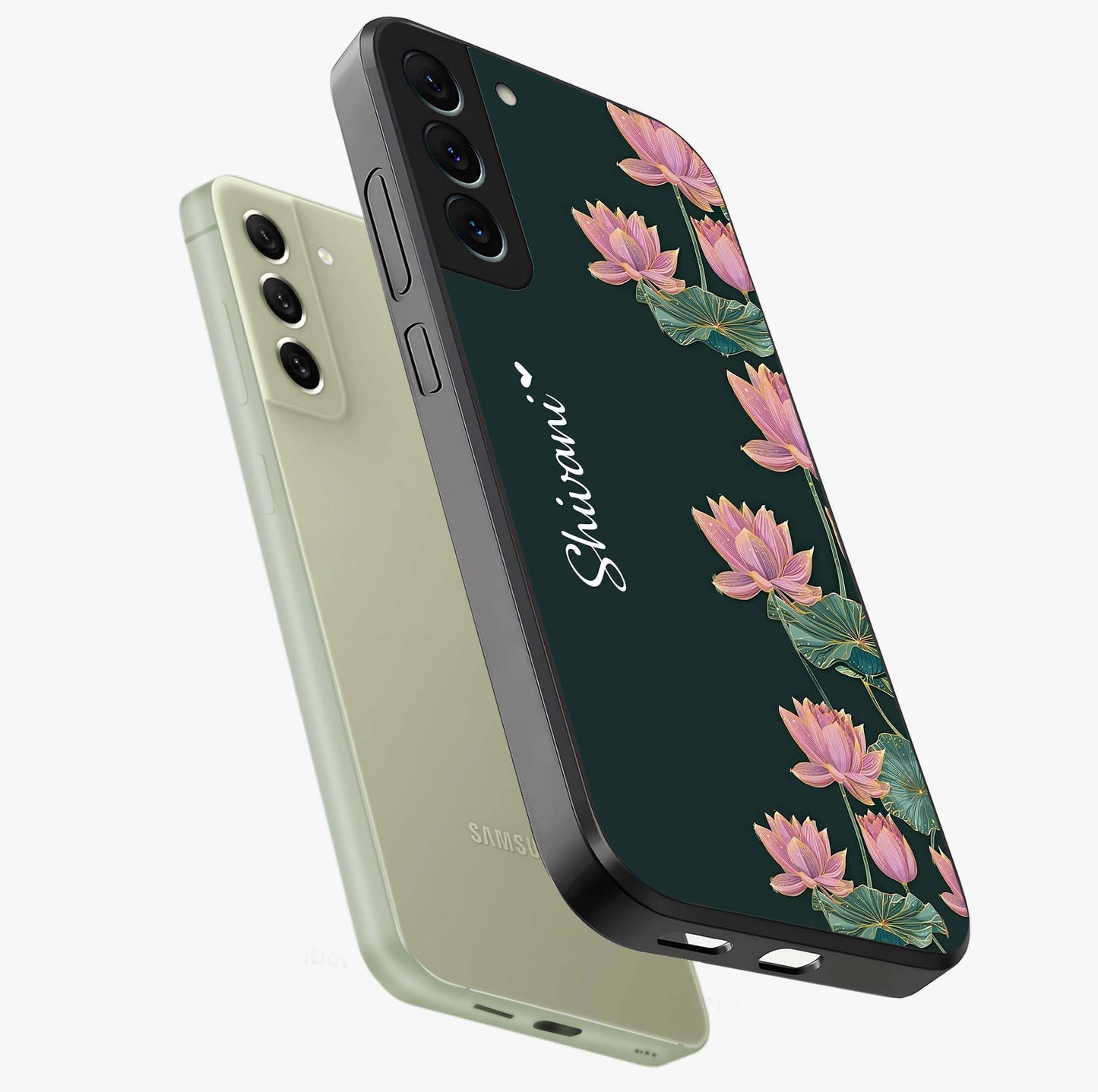 Lotus Bloom Serenity Custom Name Glass Case displayed in angled mockup highlighting graceful lotus illustration with custom name feature.