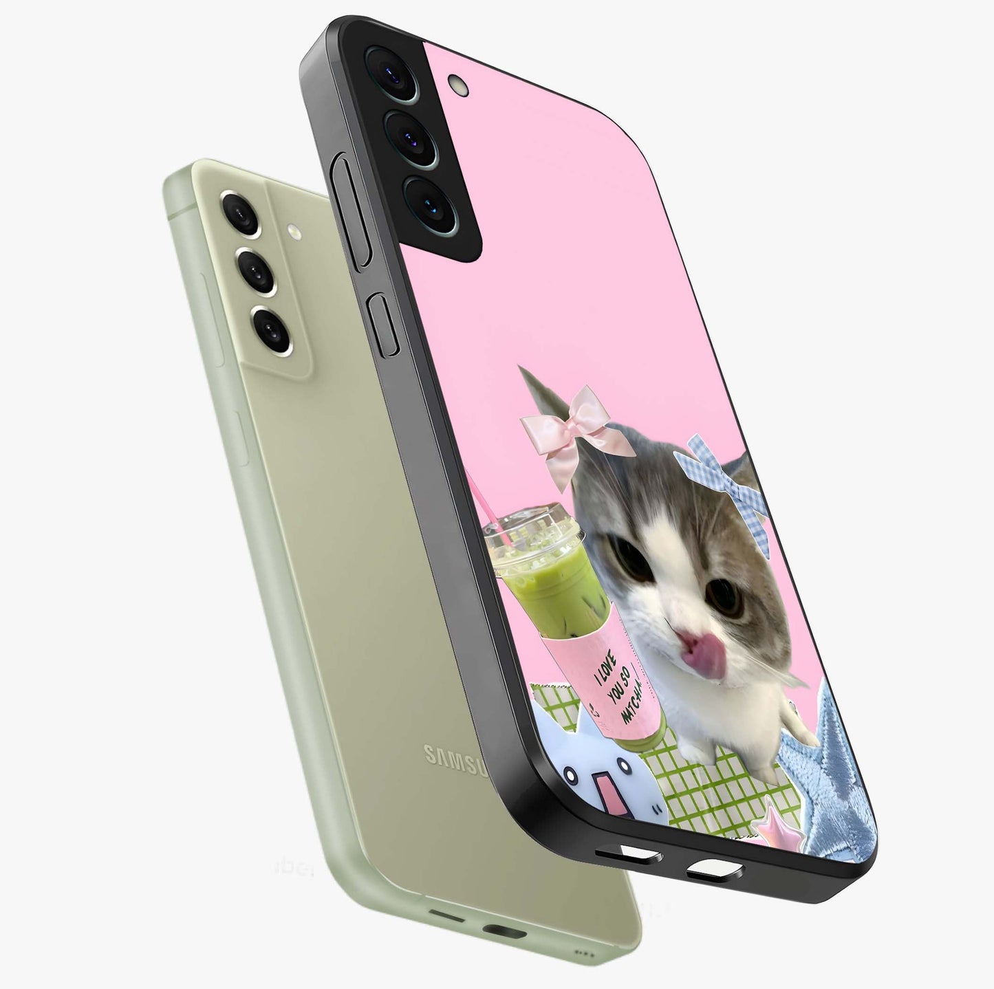 Love Matcha Cat Glass Case displayed in angled mockup highlighting playful feline illustration with cozy matcha aesthetic.
