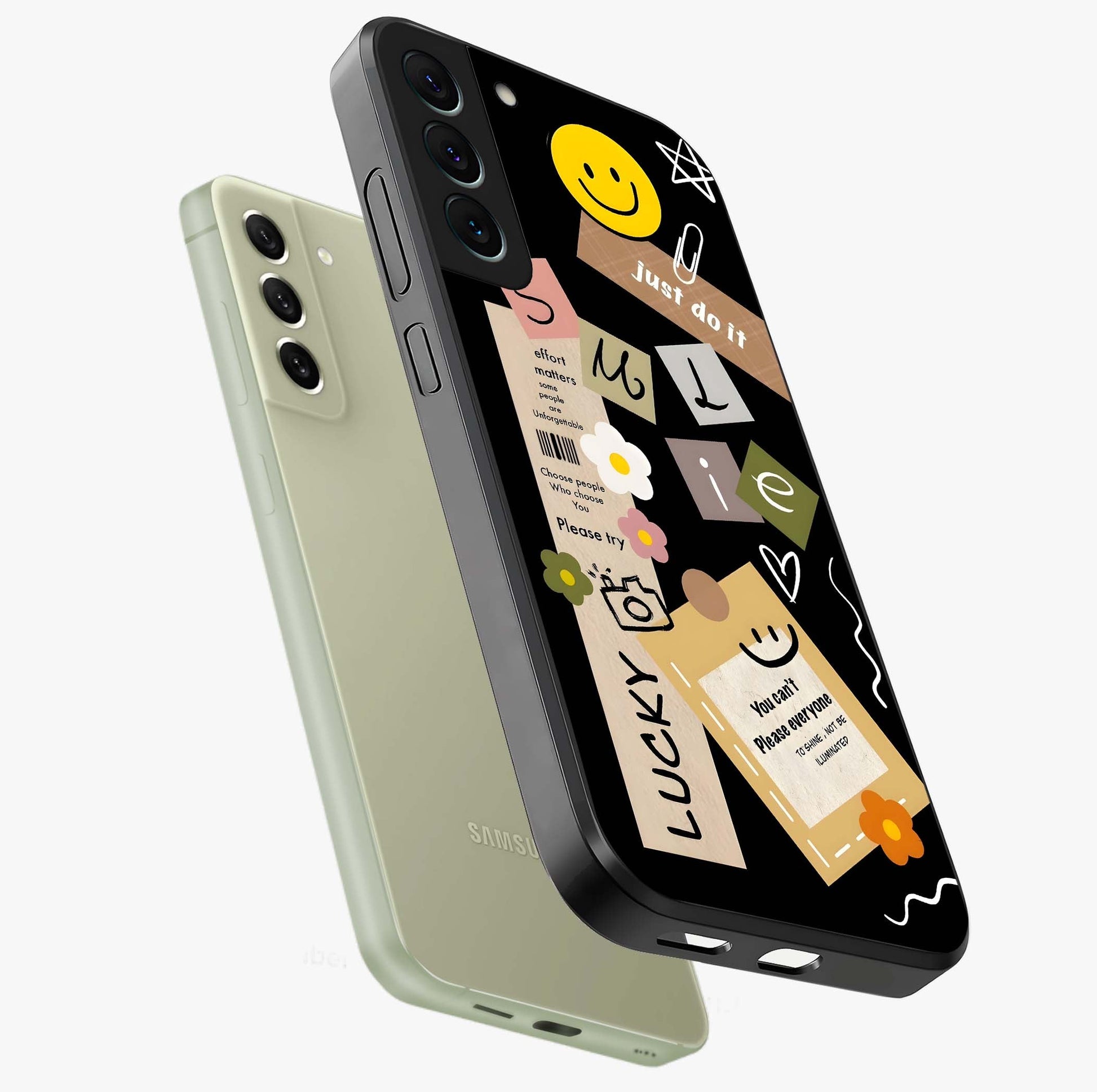 Lucky Aesthetic Collage Glass Case displayed in angled mockup highlighting stylish collage pattern with modern aesthetic vibe.