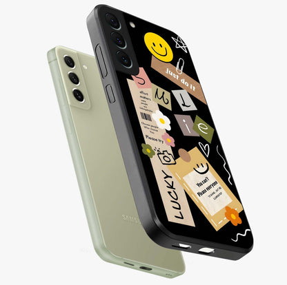 Lucky Aesthetic Collage Glass Case displayed in angled mockup highlighting stylish collage pattern with modern aesthetic vibe.