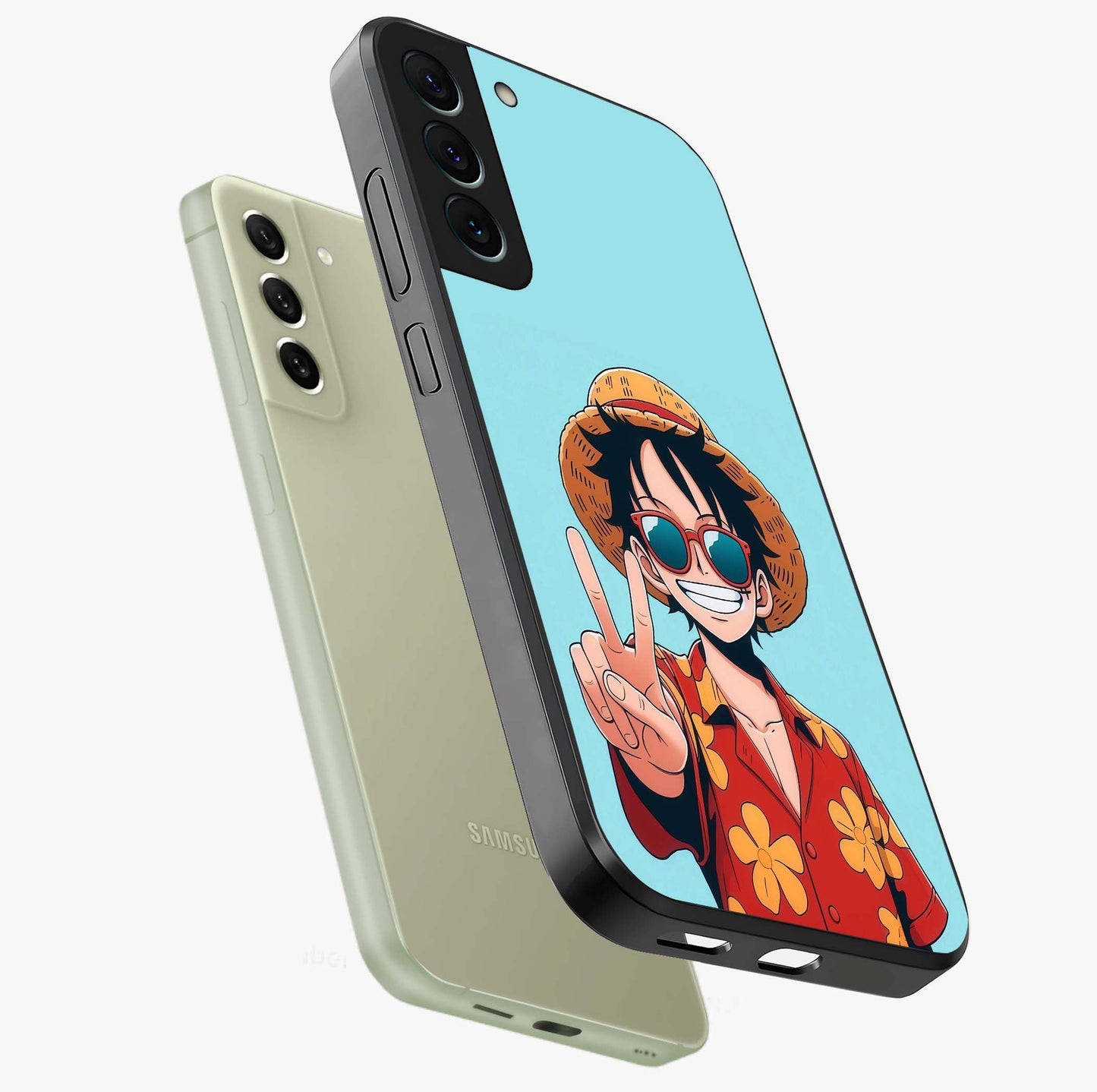 Luffy Summer Anime Vibe Glass Case displayed in angled mockup highlighting energetic anime illustration with summer vibe aesthetic.