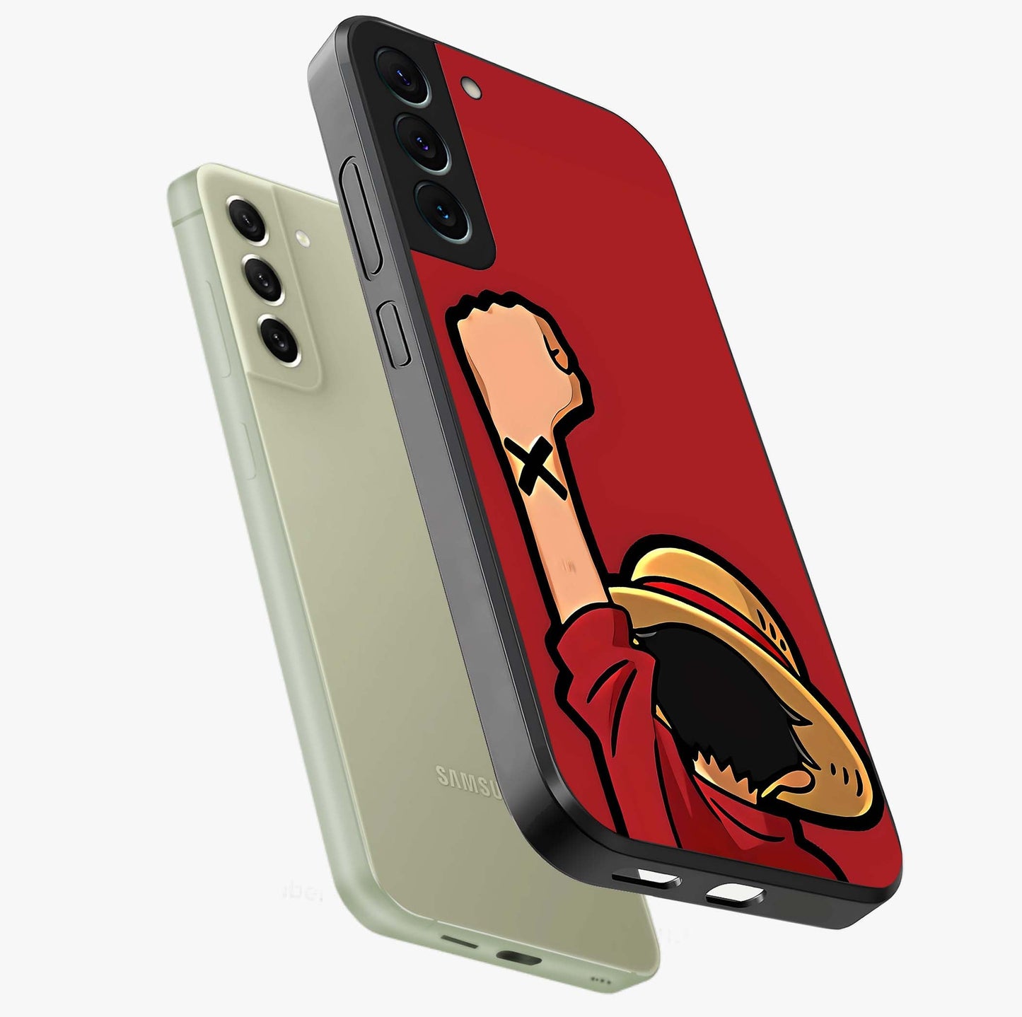 Luffy X Spirit Glass Case displayed in angled mockup highlighting powerful anime design with energetic action aesthetic.
