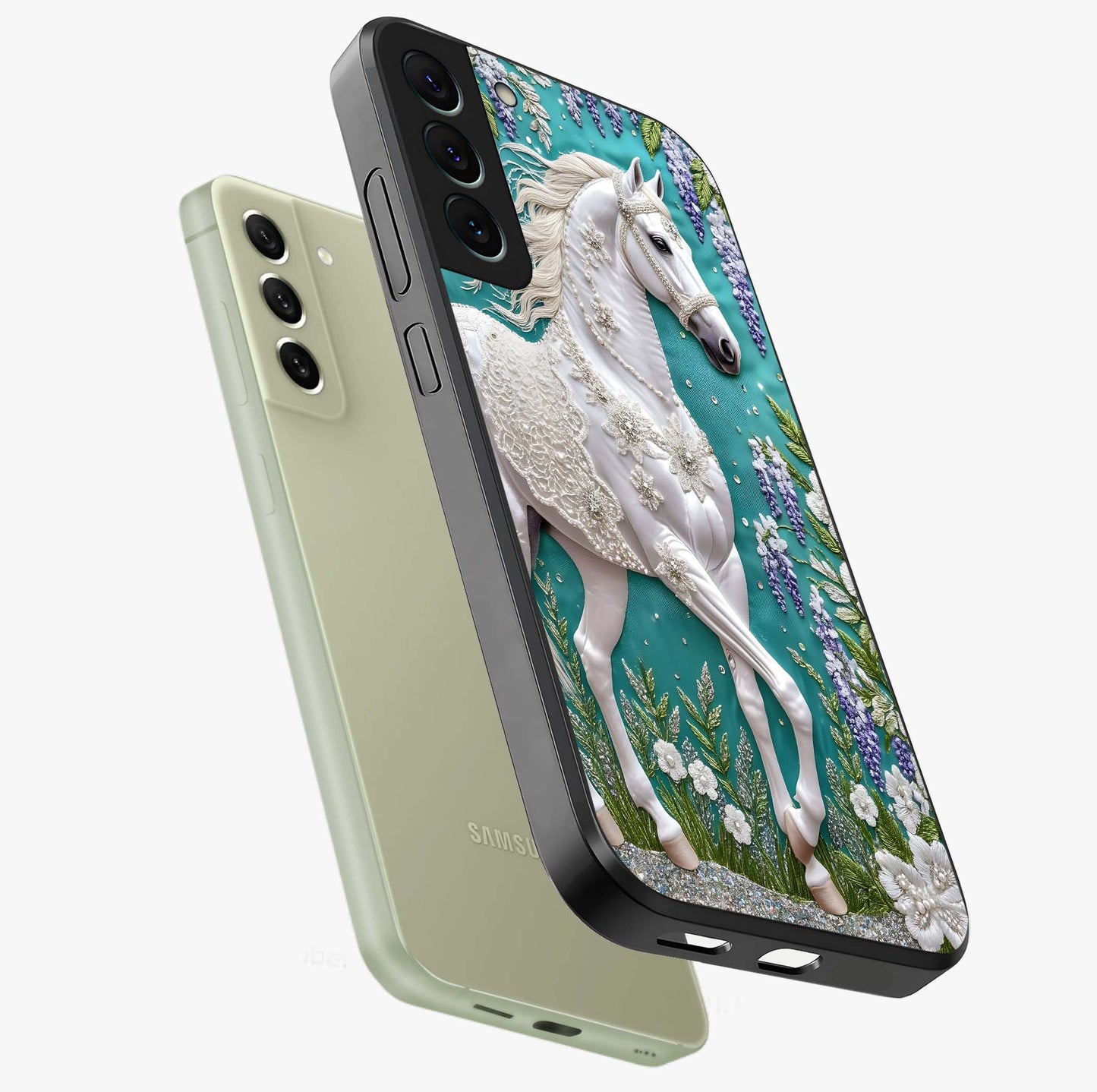 Majestic Floral Stallion Glass Case displayed in angled mockup highlighting majestic stallion illustration with elegant floral aesthetic.