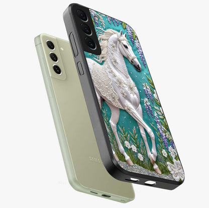 Majestic Floral Stallion Glass Case displayed in angled mockup highlighting majestic stallion illustration with elegant floral aesthetic.