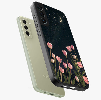 Midnight Tulip Whispers Vibe Glass Case displayed in angled mockup highlighting delicate tulip design with midnight floral aesthetic.