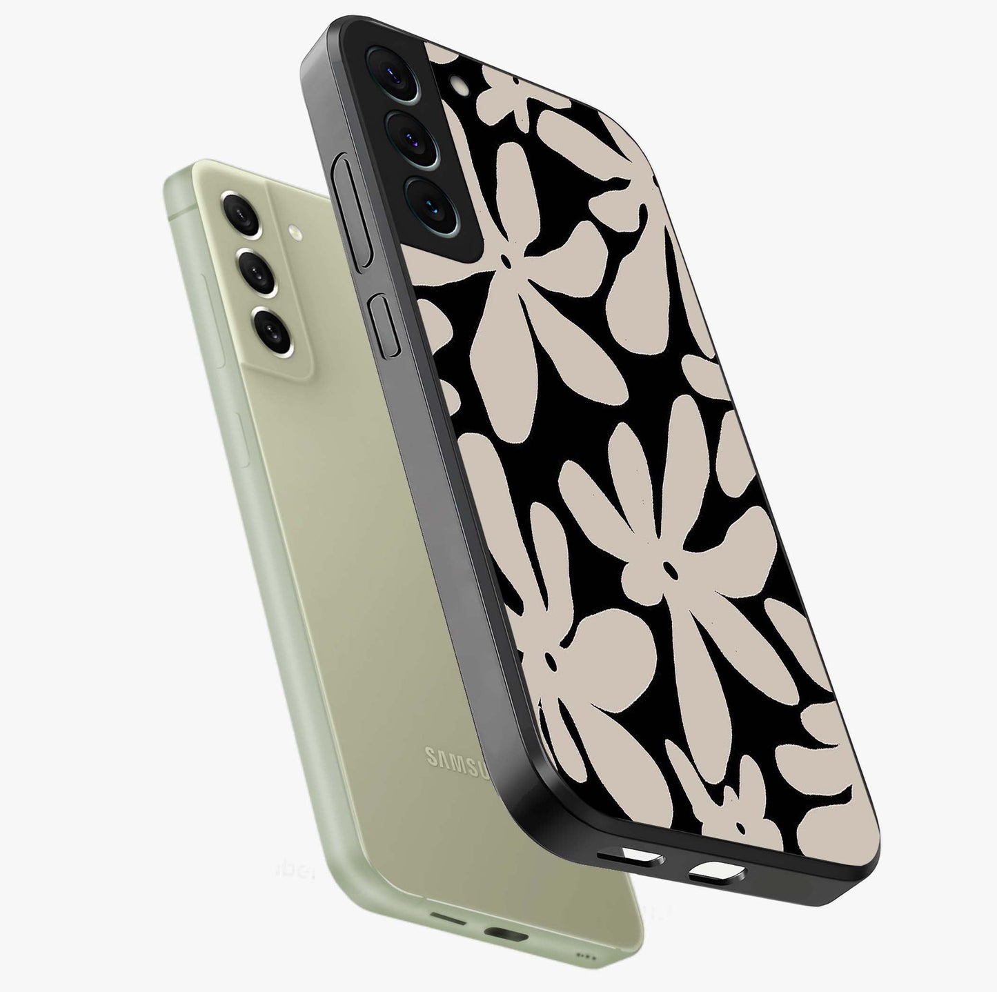 Monochrome Petal Dance Glass Case displayed in angled mockup highlighting elegant petal design with black and white aesthetic.