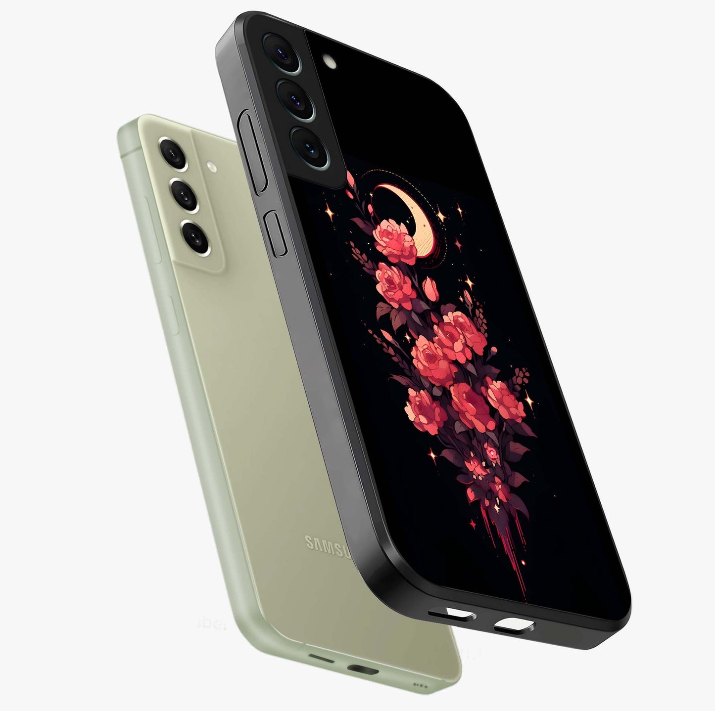 Moonlit Floral Elegance Glass Case displayed in angled mockup highlighting graceful flower design with soft moonlight aesthetic.