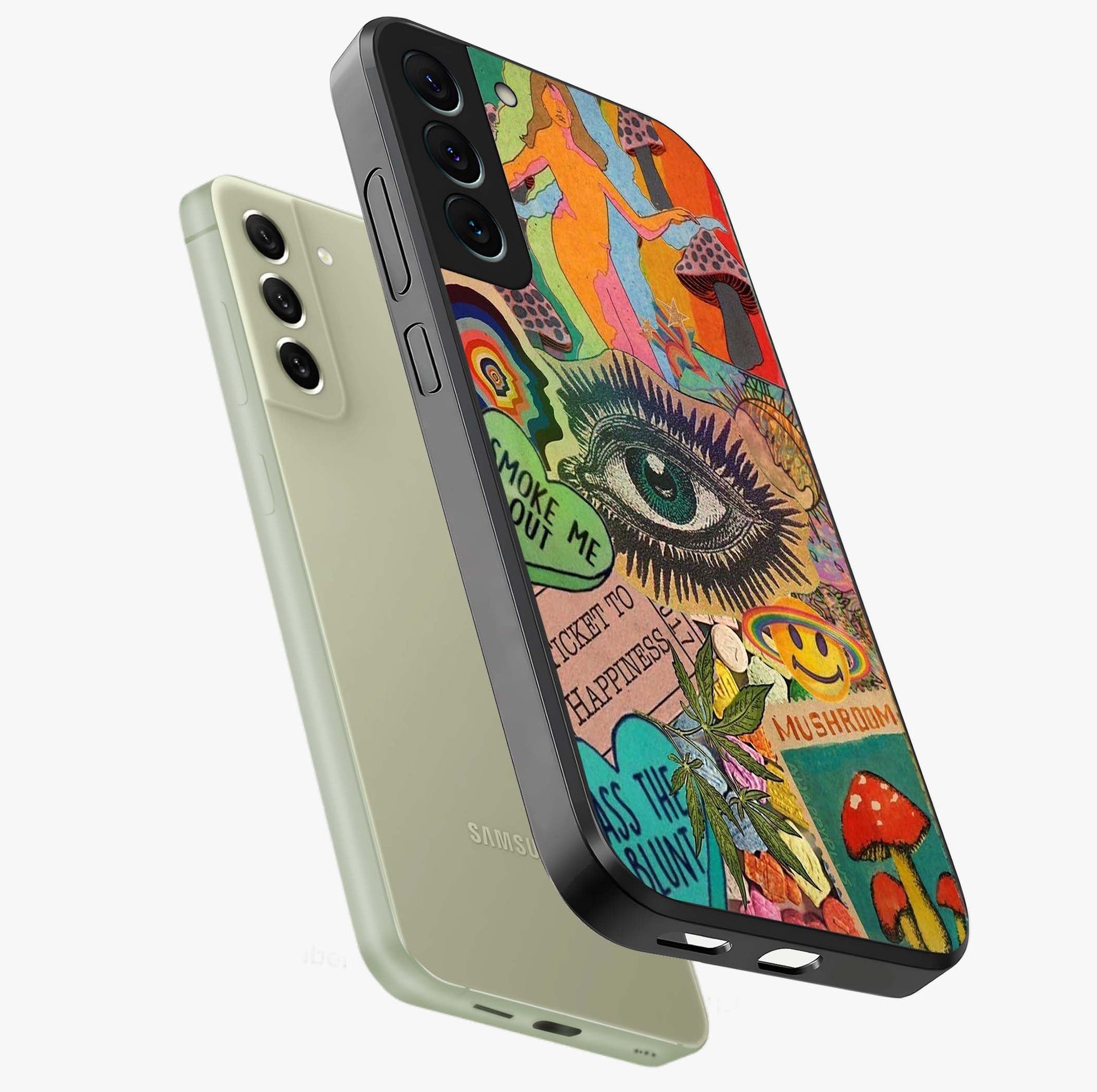 Mystic Eye Wonderland Glass Case displayed in angled mockup highlighting magical eye illustration with dreamy aesthetic.