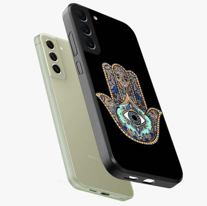 Mystic Hamsa Eye Glass Case displayed in angled mockup highlighting spiritual hamsa symbol with mystical aesthetic style.