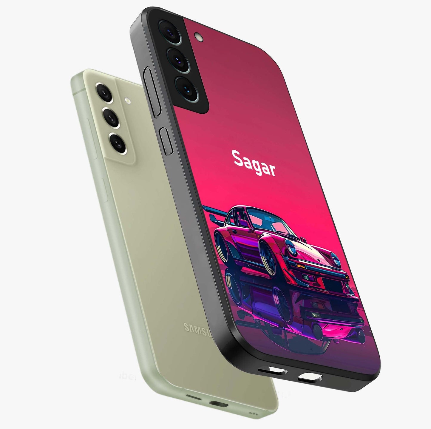 Neon Pink Porsche Glass Case displayed in angled mockup highlighting sleek neon pink car design with racing aesthetic.