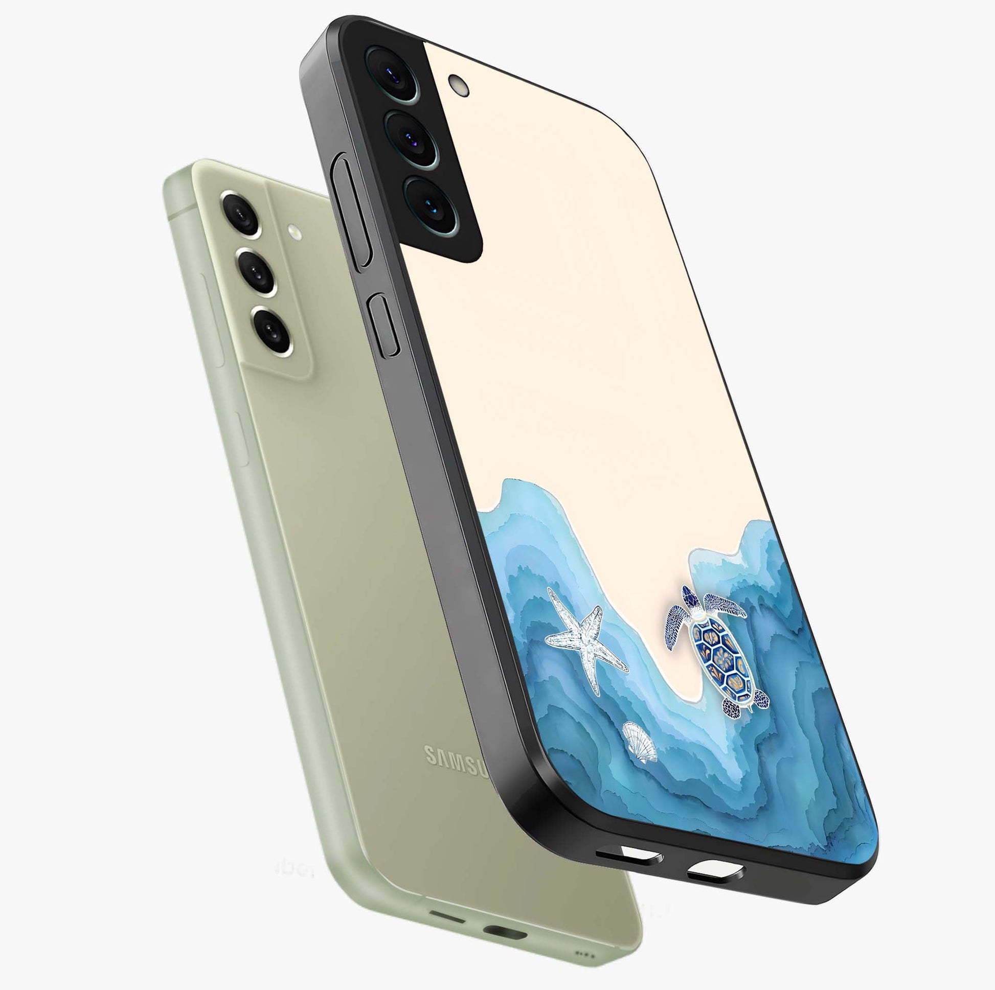 Ocean Drift Turtle Glass Case displayed in angled mockup highlighting peaceful ocean turtle illustration with marine aesthetic.
