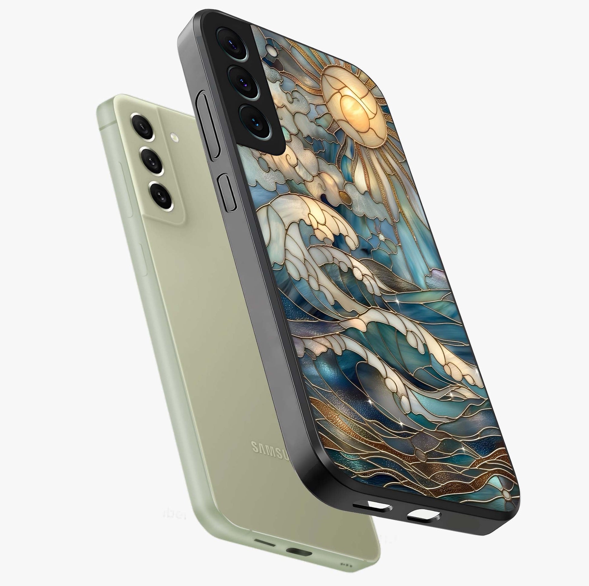 Oceanic Stained Printed Glass Case displayed in angled mockup highlighting colorful aquatic design with artistic aesthetic style.