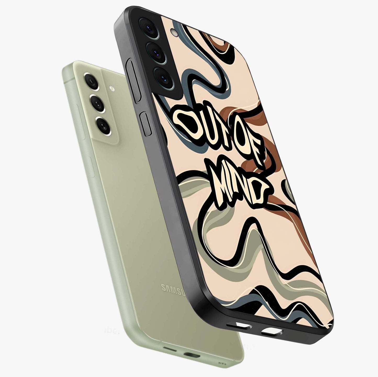 Out Of Mind Glass Case displayed in angled mockup highlighting bold statement design with modern artistic aesthetic.