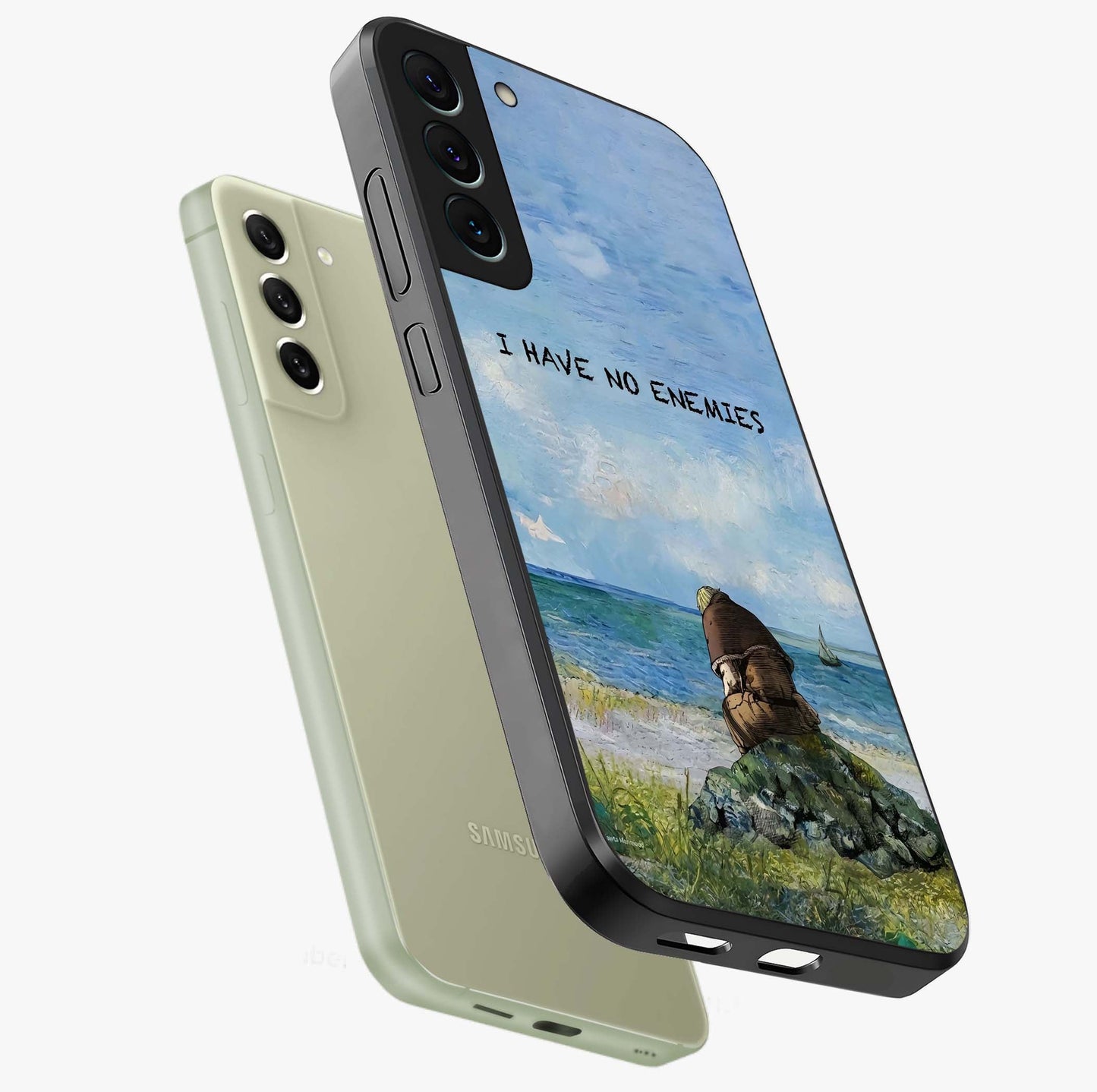 Peace Beyond War Glass Case displayed in angled mockup highlighting meaningful message design with artistic aesthetic style.