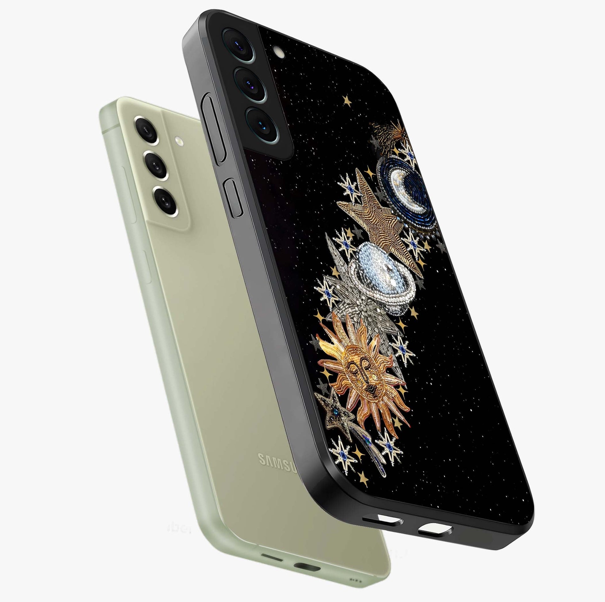 Pearls Universe Object Glass Case displayed in angled mockup highlighting celestial pearl design with dreamy aesthetic.