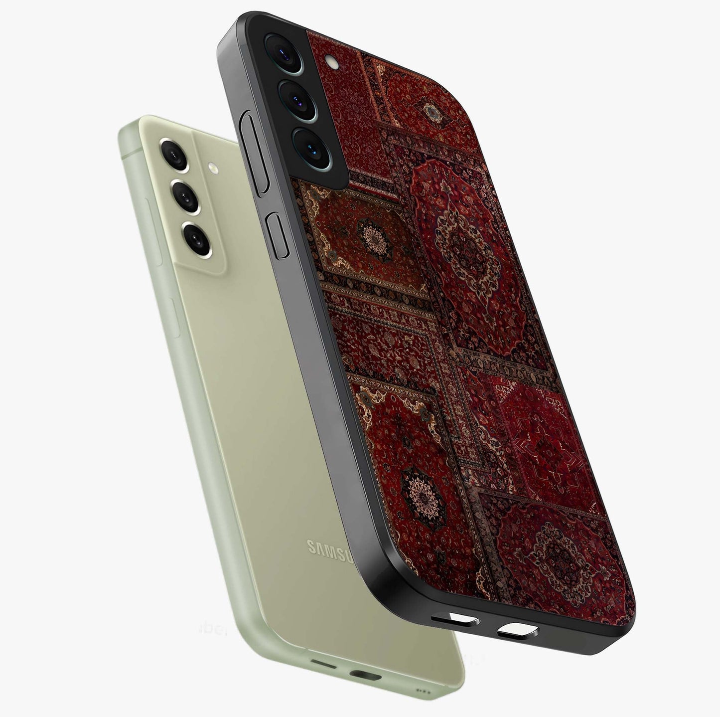Persian Velvet Tale Glass Case displayed in angled mockup highlighting ornate textile inspired design with royal aesthetic.