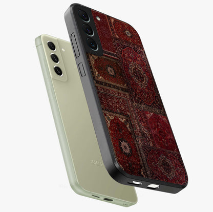 Persian Velvet Tale Glass Case displayed in angled mockup highlighting ornate textile inspired design with royal aesthetic.