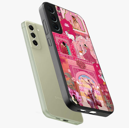 Pink Palace Muse Glass Case displayed in angled mockup highlighting dreamy palace illustration with soft pink aesthetic.