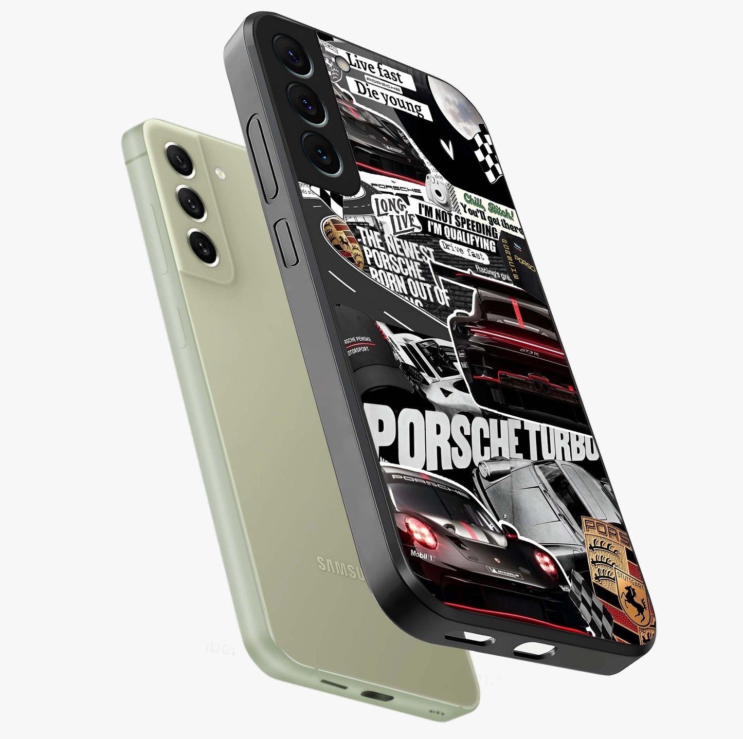Porsche Racing Collage Glass Case displayed in angled mockup highlighting dynamic automotive design with bold racing aesthetic.