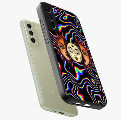 Psychedelic Sun Glass Case displayed in angled mockup highlighting vibrant abstract sun design with artistic aesthetic style.