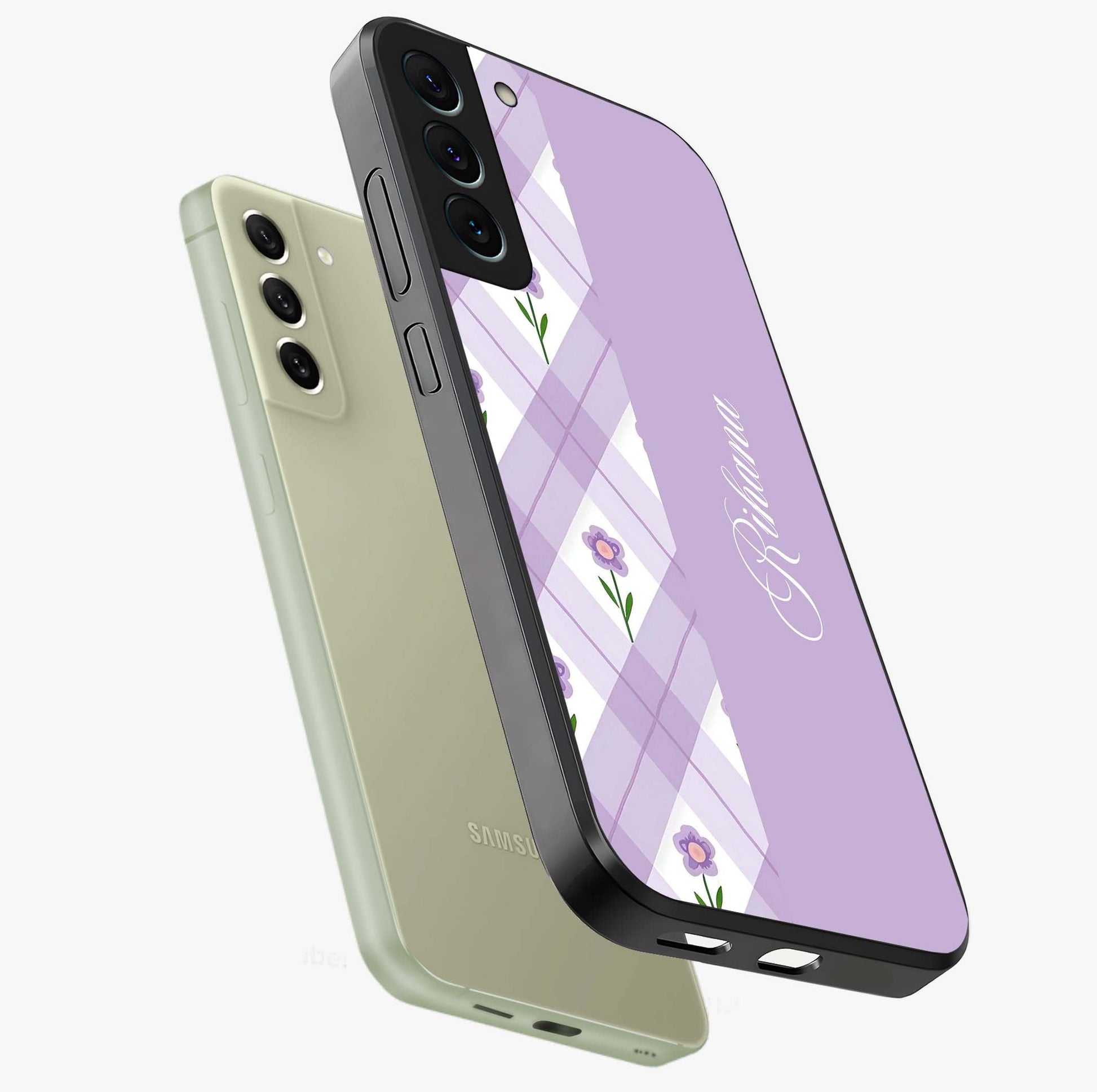 Purple Diamond Floral Glass Case displayed in angled mockup highlighting elegant purple flower design with decorative pattern.