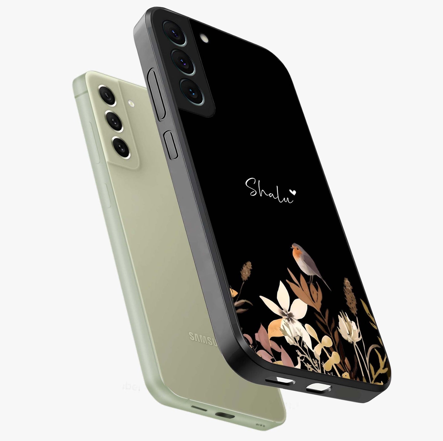 Quiet Garden Tune Custom Name Glass Case displayed in angled mockup highlighting delicate floral garden design with custom name feature.