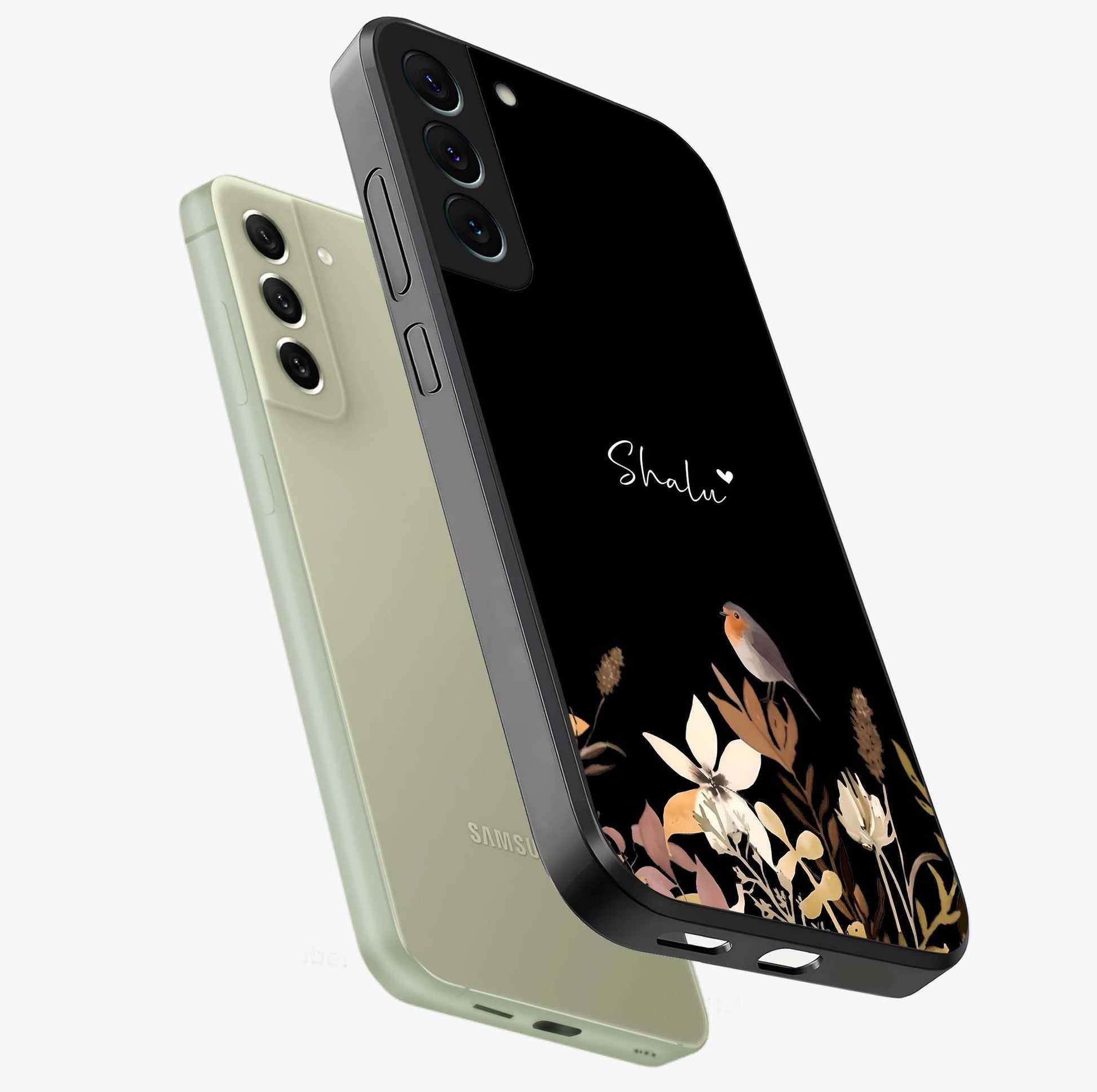 Quiet Garden Tune Custom Name Glass Case displayed in angled mockup highlighting delicate floral garden design with custom name feature.