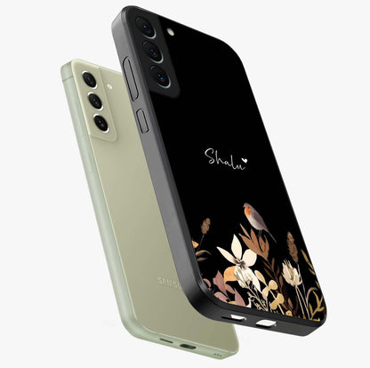 Quiet Garden Tune Custom Name Glass Case displayed in angled mockup highlighting delicate floral garden design with custom name feature.