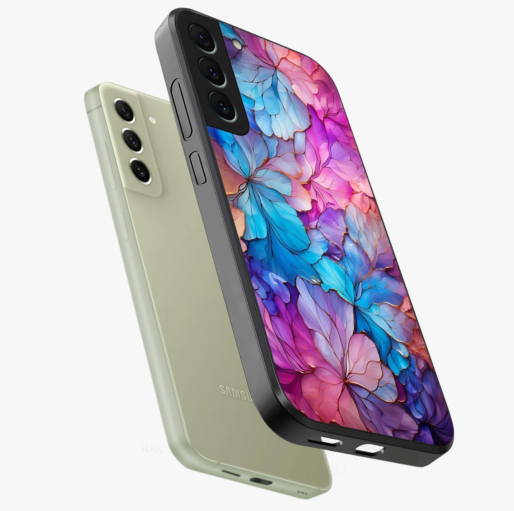 Radiant Floral Whirl Glass Case displayed in angled mockup highlighting vibrant flower pattern with dynamic artistic aesthetic.