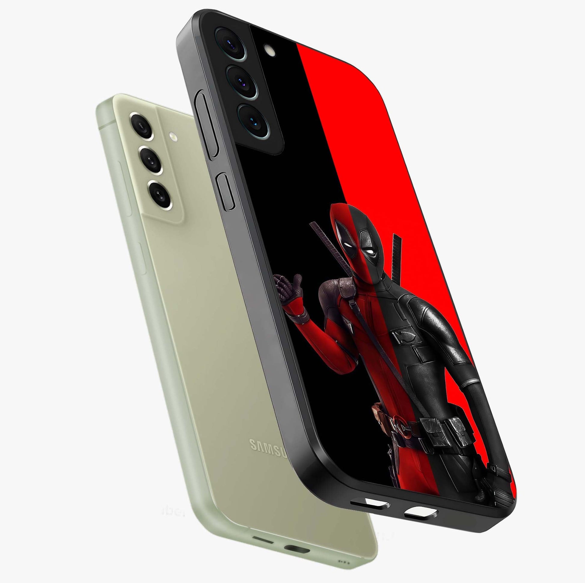 Red & Black Deadpool Theme Glass Case displayed in angled mockup highlighting vibrant superhero style illustration with action aesthetic.