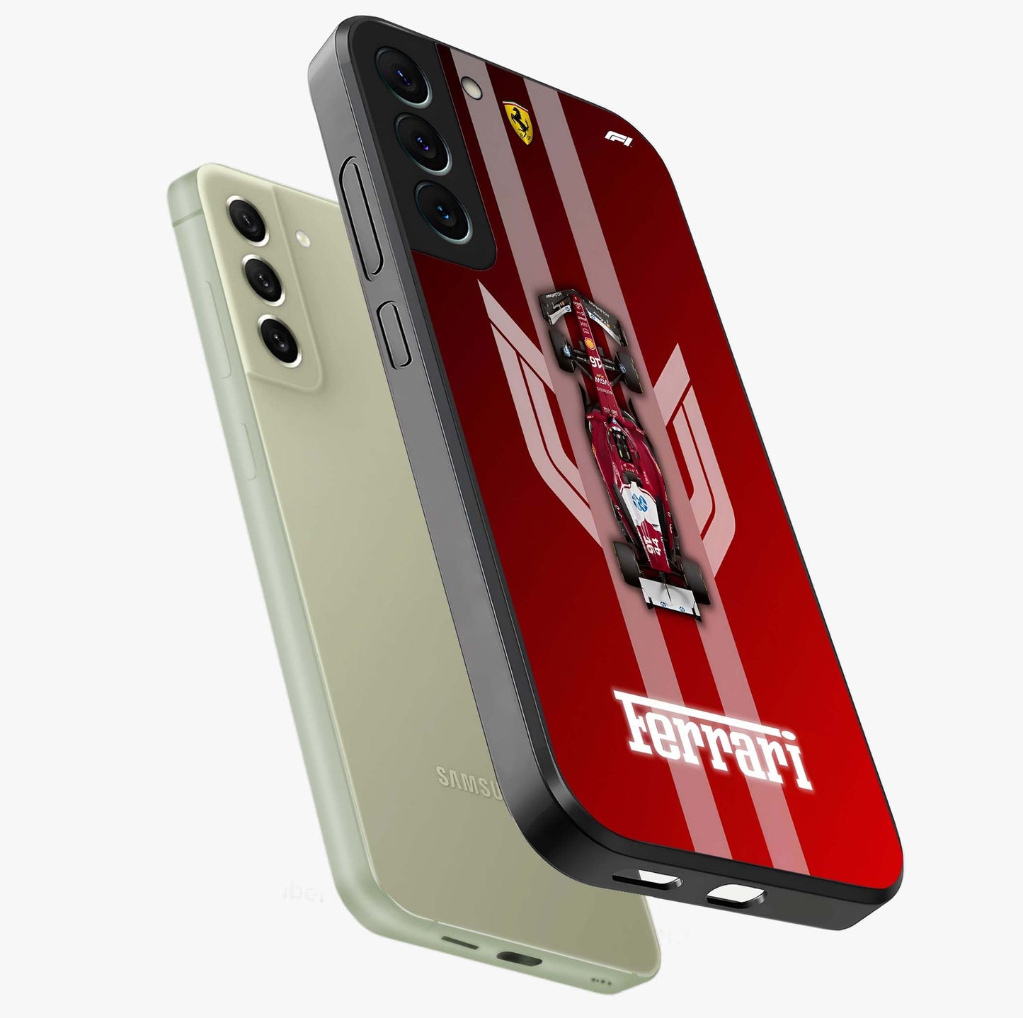 Red Ferrari F1 Vertical Glass Case displayed in angled mockup highlighting high speed racing design with bold automotive aesthetic.