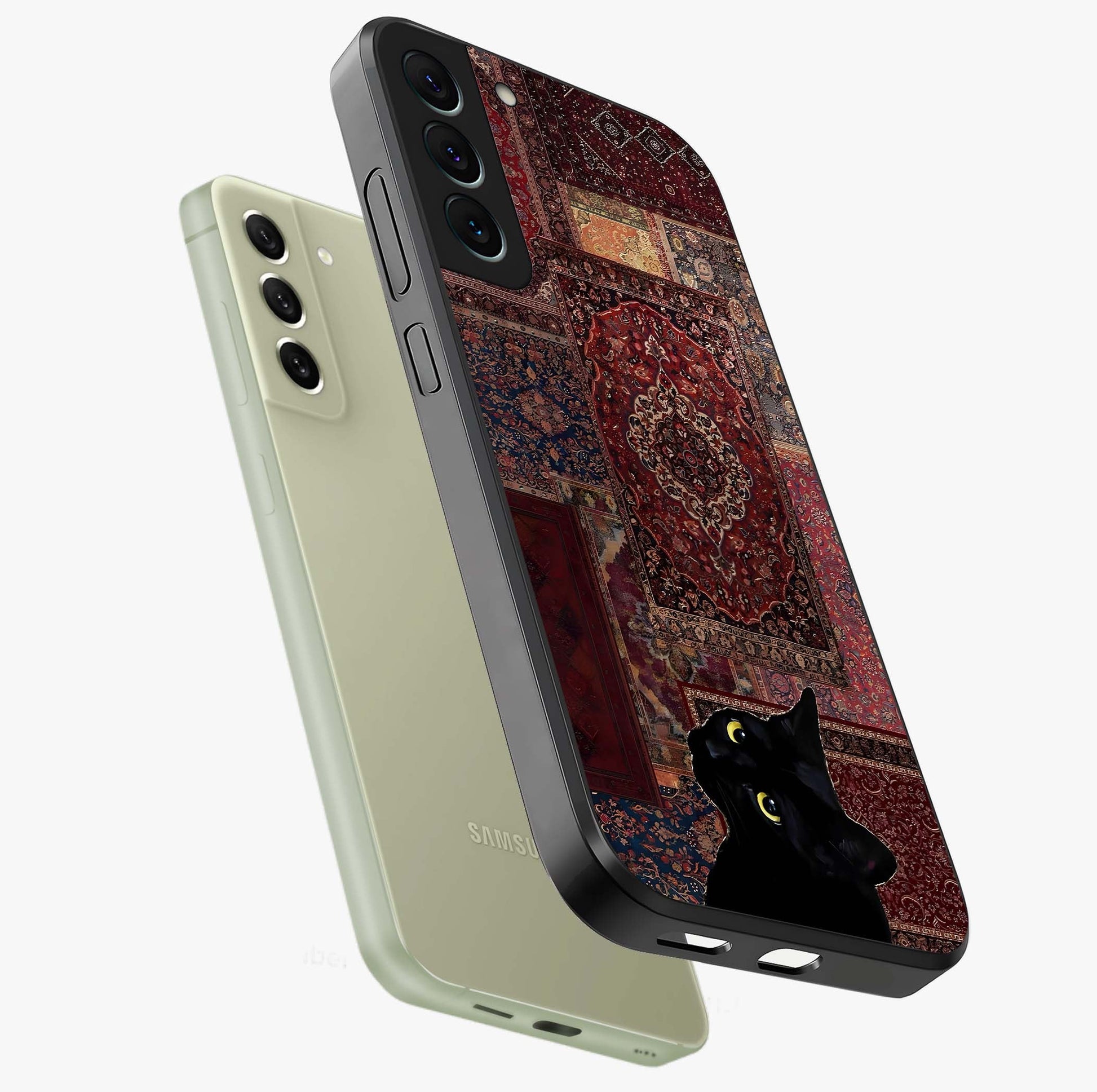 Regal Magic Cat Apple Glass Case displayed in angled mockup highlighting whimsical feline design with fantasy aesthetic.