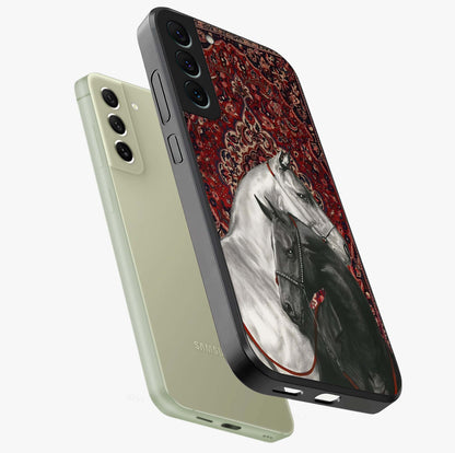 Regal Stallion Tapestry Glass Case displayed in angled mockup highlighting royal stallion design with decorative heritage aesthetic.