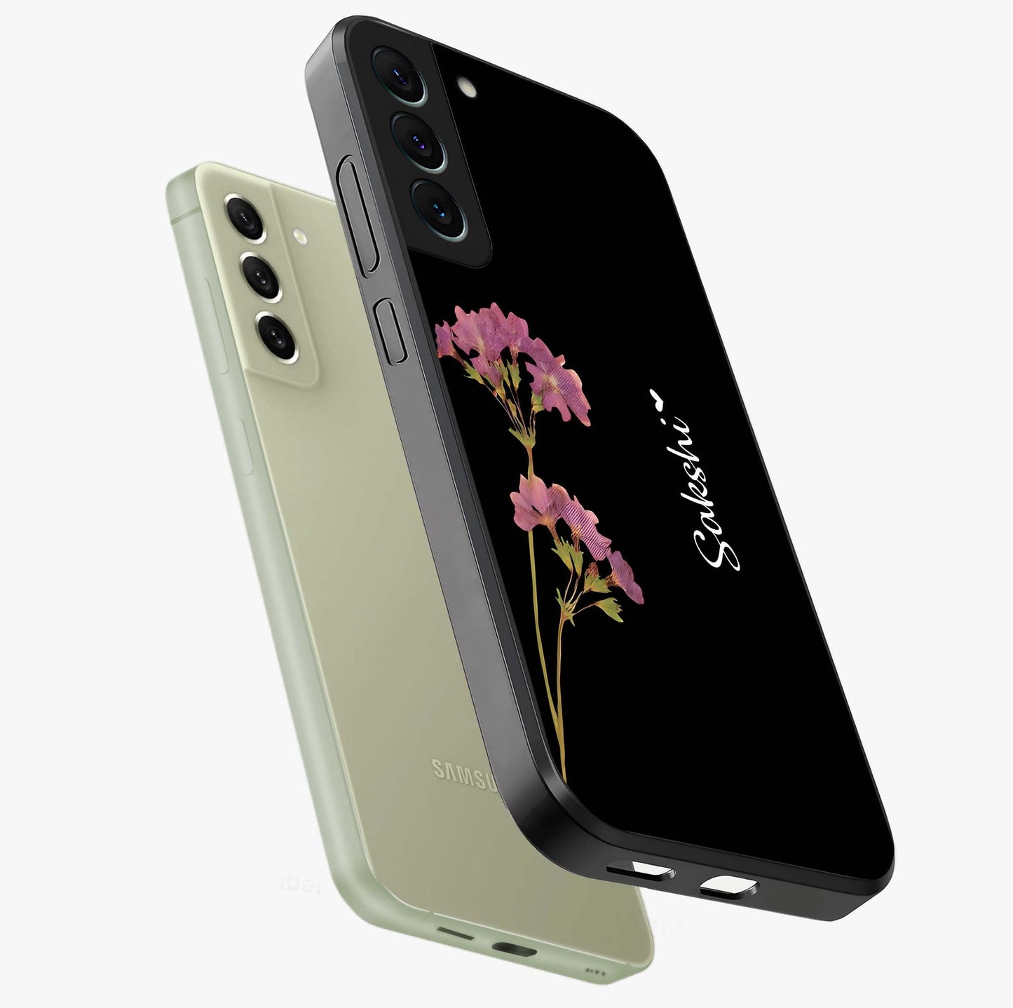Riching Lavender Flower Custom Name Glass Case displayed in angled mockup highlighting delicate lavender flower design with custom name feature.