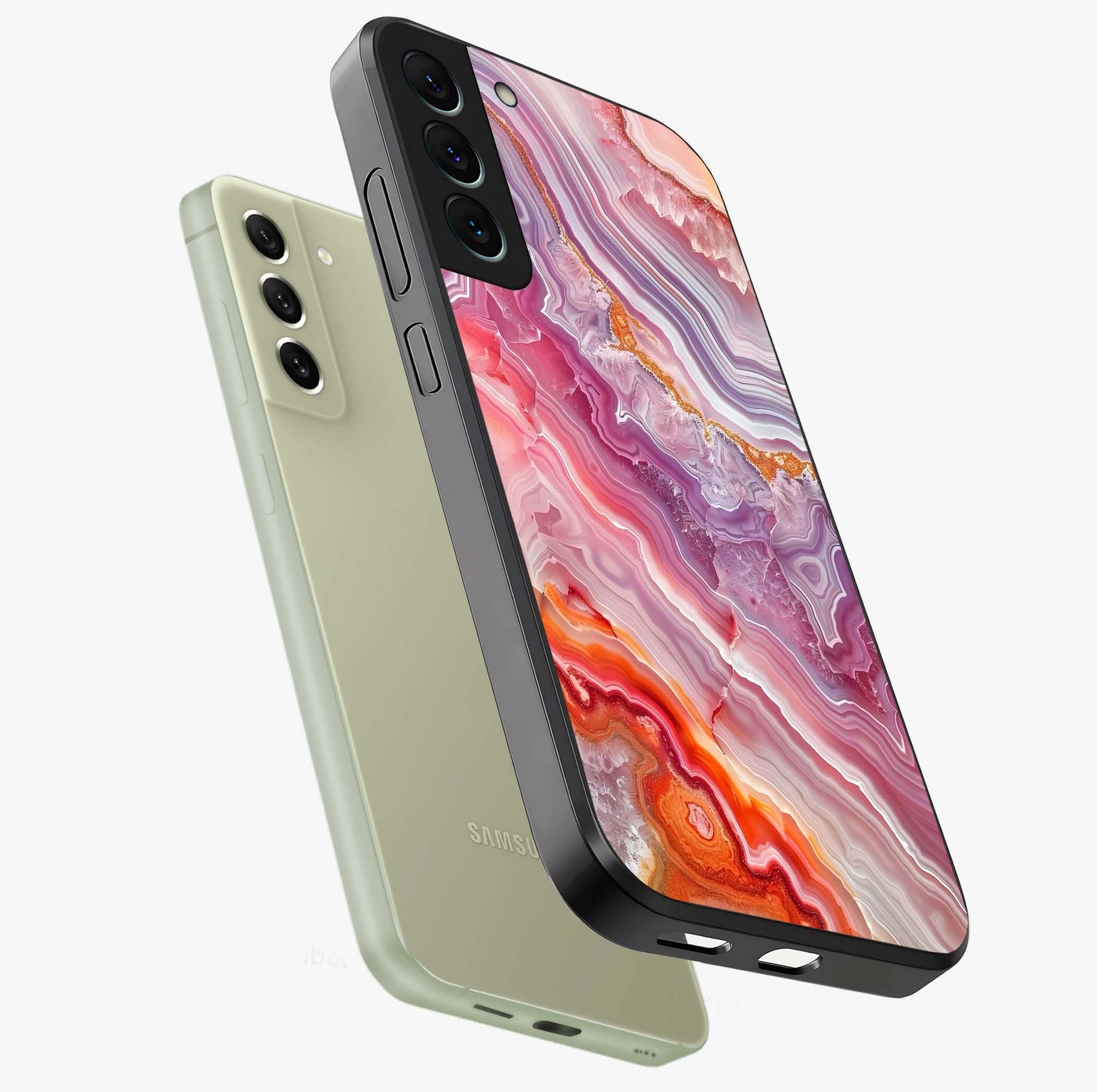 Rose Quartz Marble Glass Case displayed in angled mockup highlighting elegant marble pattern with soft aesthetic style.