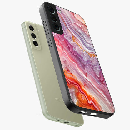 Rose Quartz Marble Glass Case displayed in angled mockup highlighting elegant marble pattern with soft aesthetic style.