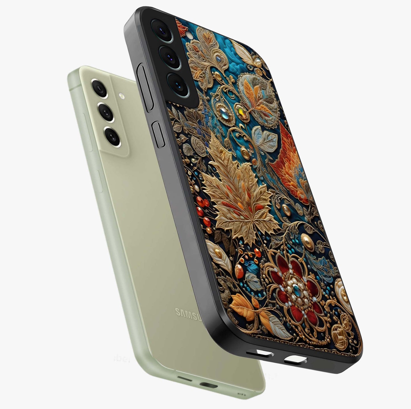 Royal Jewel Garden Glass Case displayed in angled mockup highlighting vibrant jewel inspired floral design with elegant aesthetic.