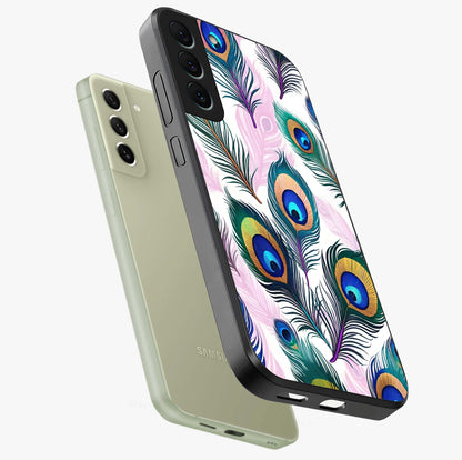 Royal Peacock Feathers Glass Case displayed in angled mockup highlighting vibrant feather pattern with regal aesthetic style.