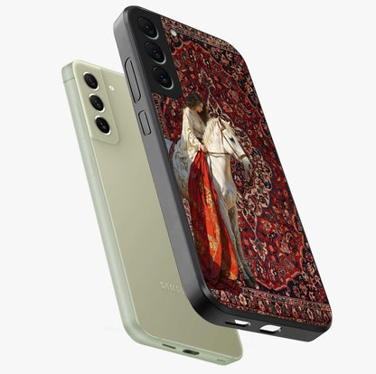 Royal Rider Tapestry Glass Case displayed in angled mockup highlighting traditional tapestry design with royal heritage aesthetic.