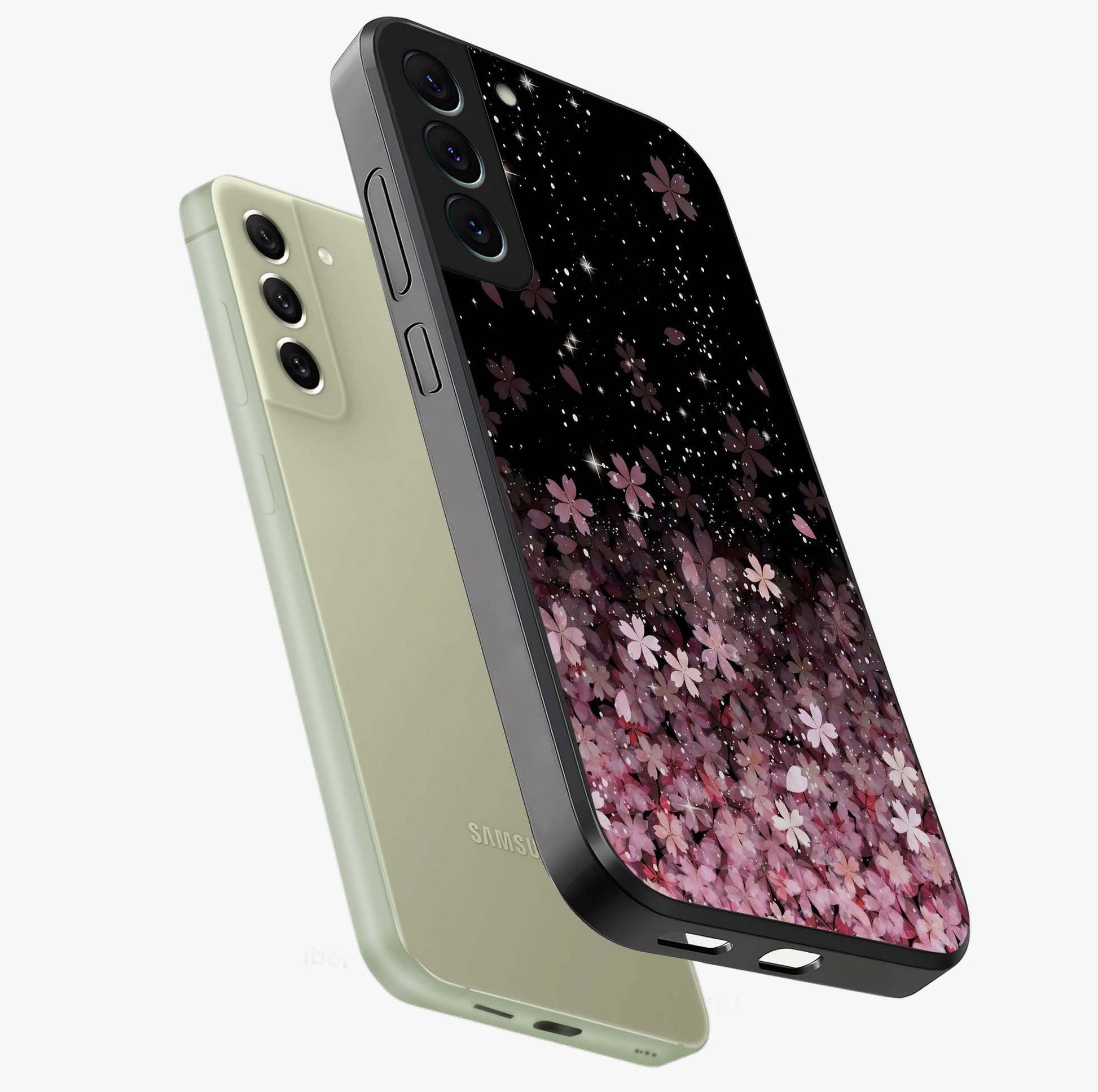 Small Starry Flowers Glass Case displayed in angled mockup highlighting tiny flower pattern with celestial aesthetic style.