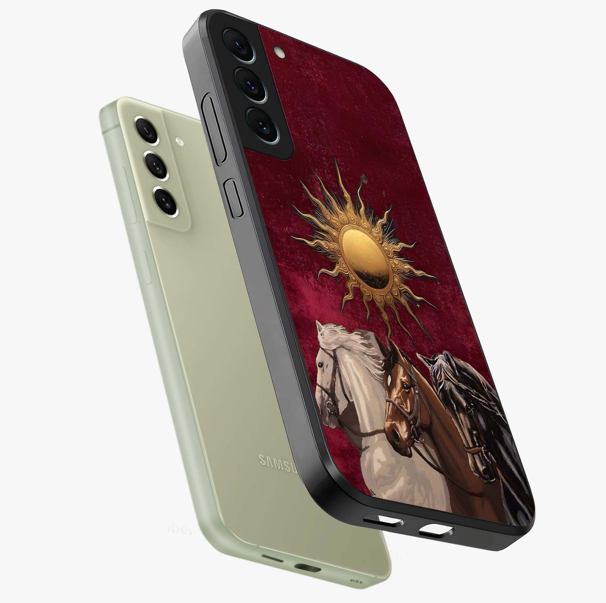 Solar Riders Glass Case displayed in angled mockup highlighting powerful rider illustration with radiant solar aesthetic.