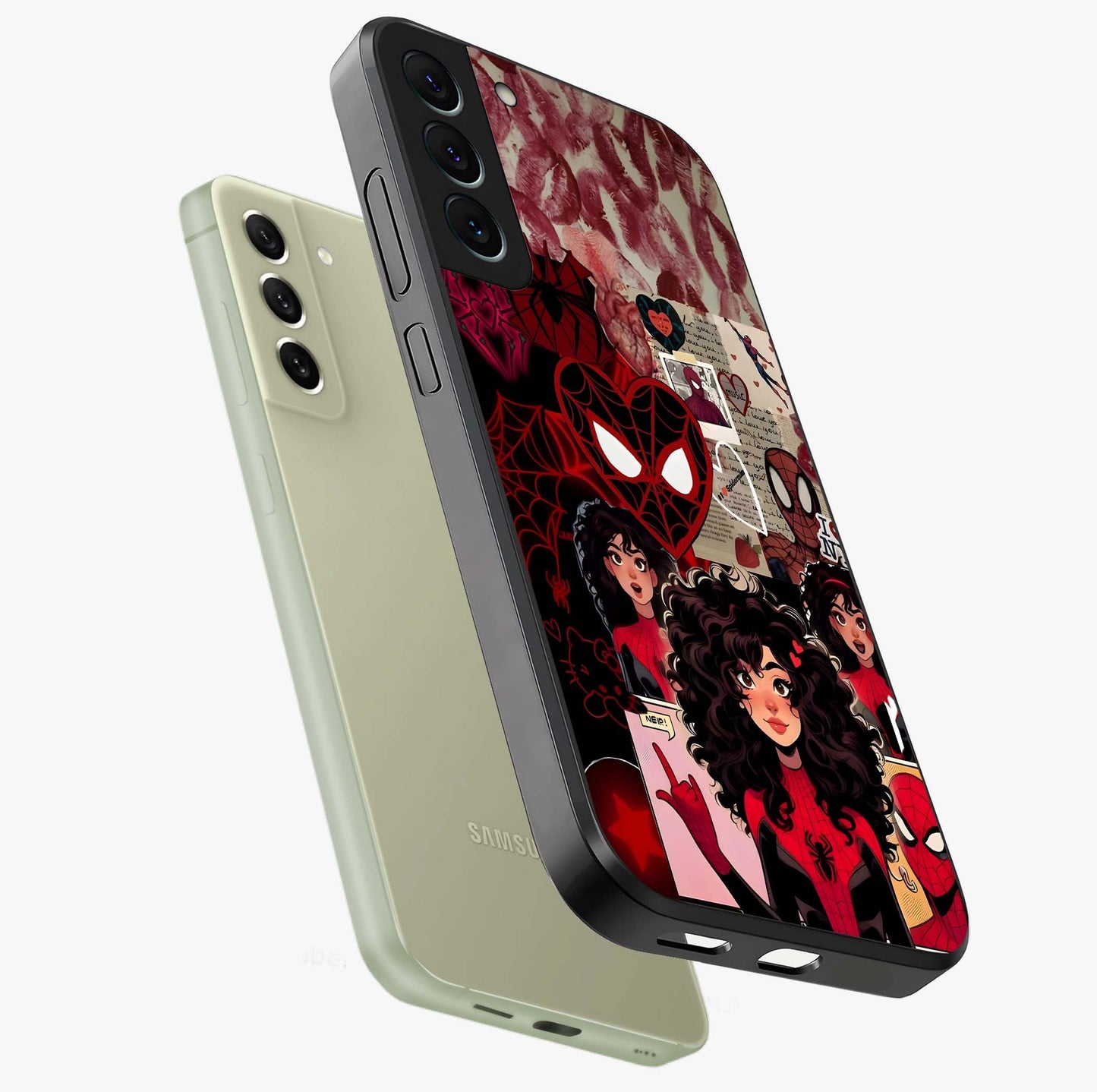 Spider Love Story Glass Case displayed in angled mockup highlighting expressive comic inspired design with playful aesthetic.