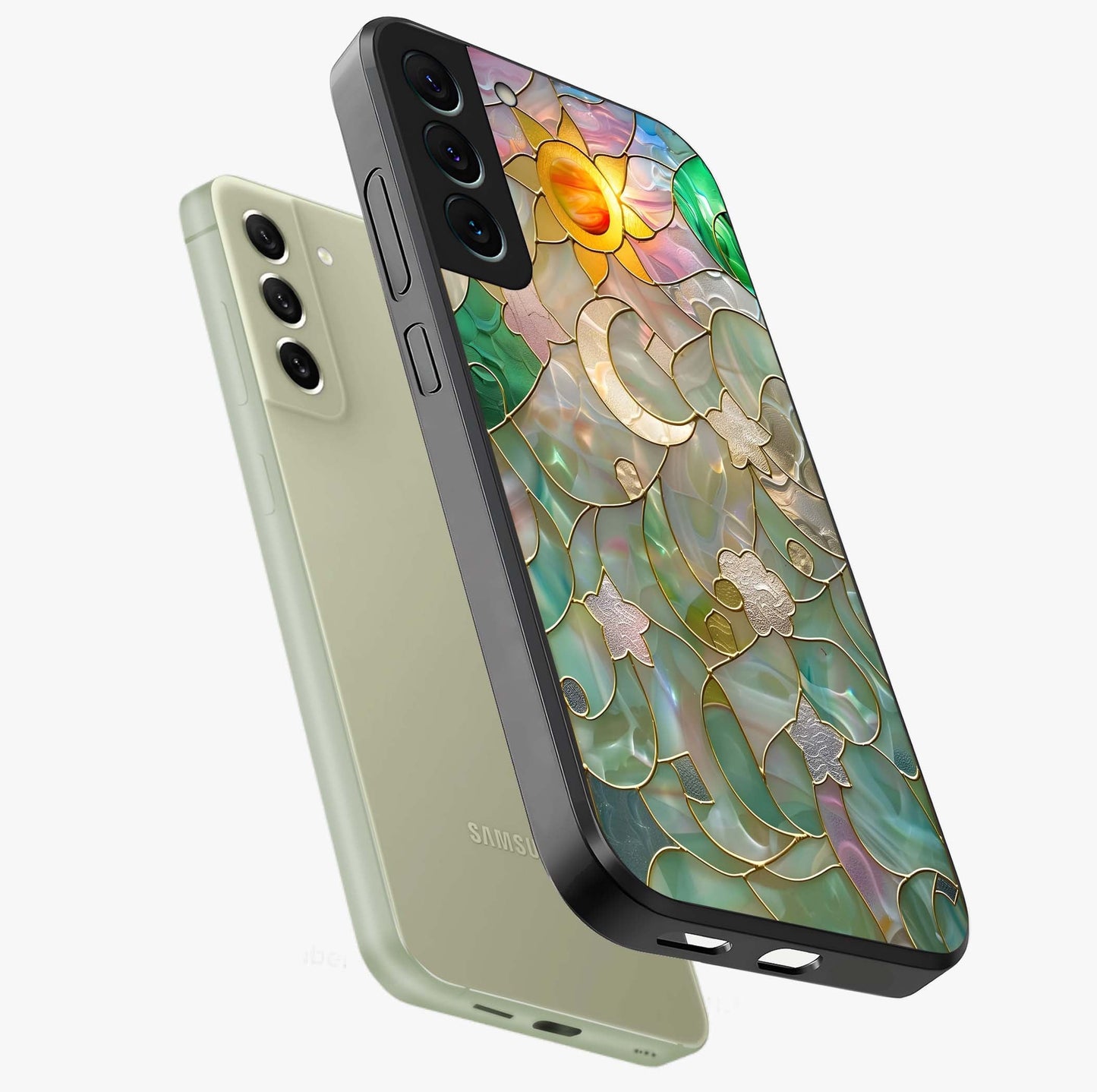 Stained Sunrise Glow Glass Case displayed in angled mockup highlighting radiant sunrise design with artistic aesthetic style.