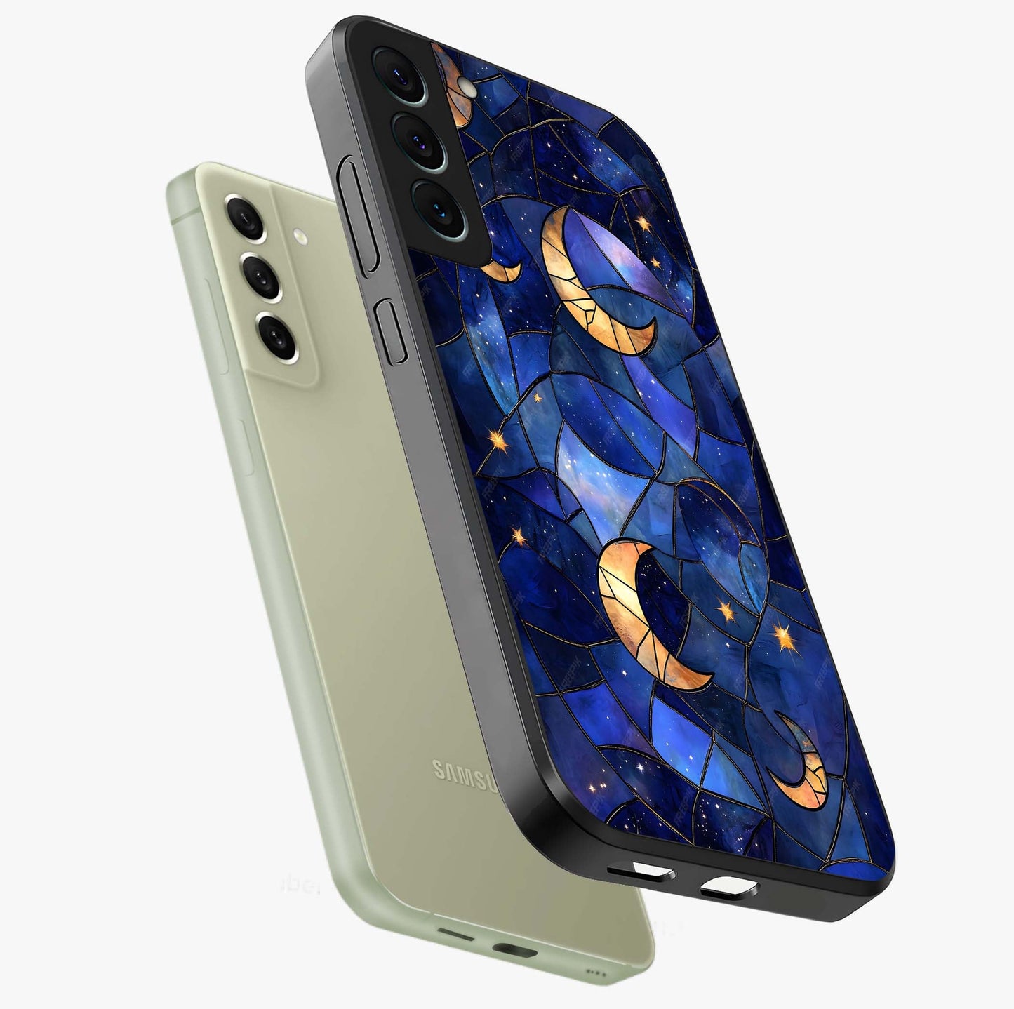 Starlit Sky Tapestry Glass Case displayed in angled mockup highlighting celestial night pattern with artistic aesthetic style.