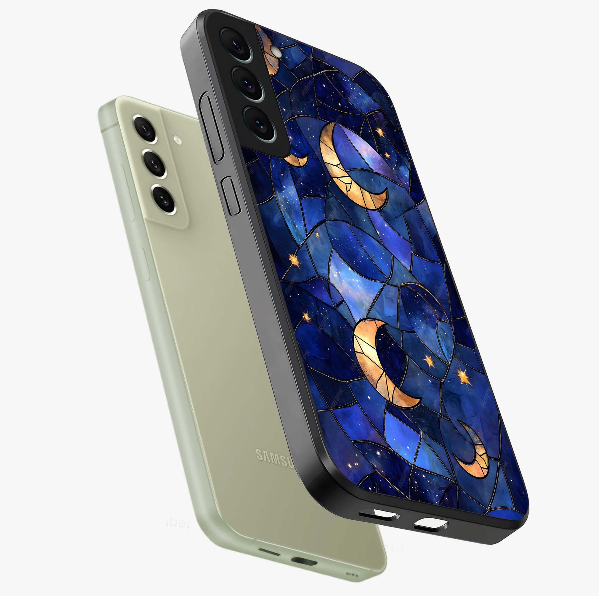 Starlit Sky Tapestry Glass Case displayed in angled mockup highlighting celestial night pattern with artistic aesthetic style.