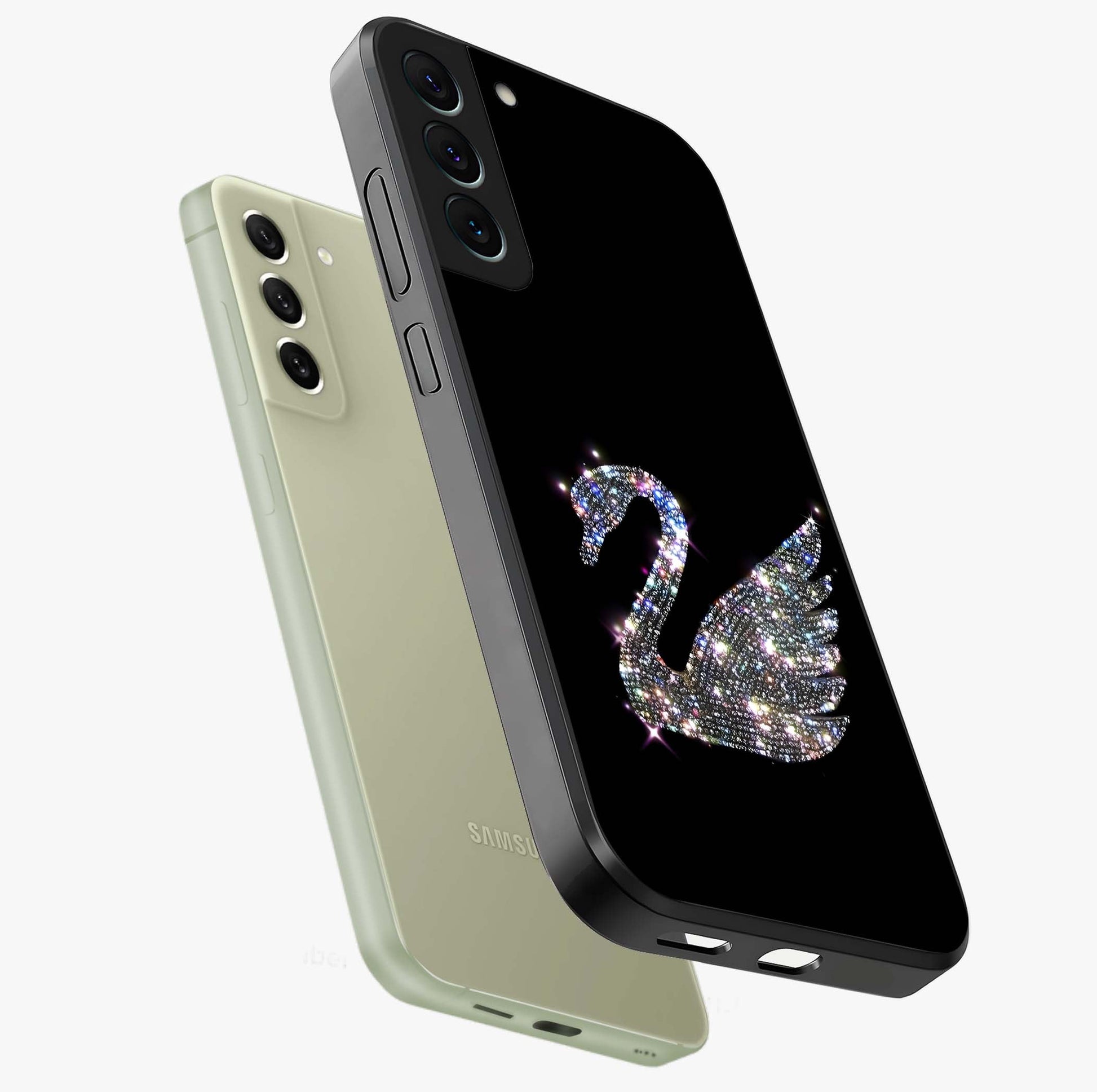 Starlit Swan Grace Glass Case displayed in angled mockup highlighting elegant swan illustration with dreamy celestial aesthetic.