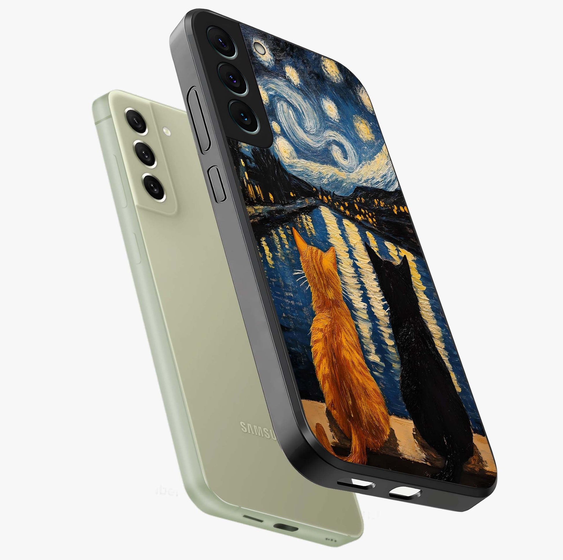 Starry River Cats Glass Case displayed in angled mockup highlighting charming feline illustration with dreamy night aesthetic.