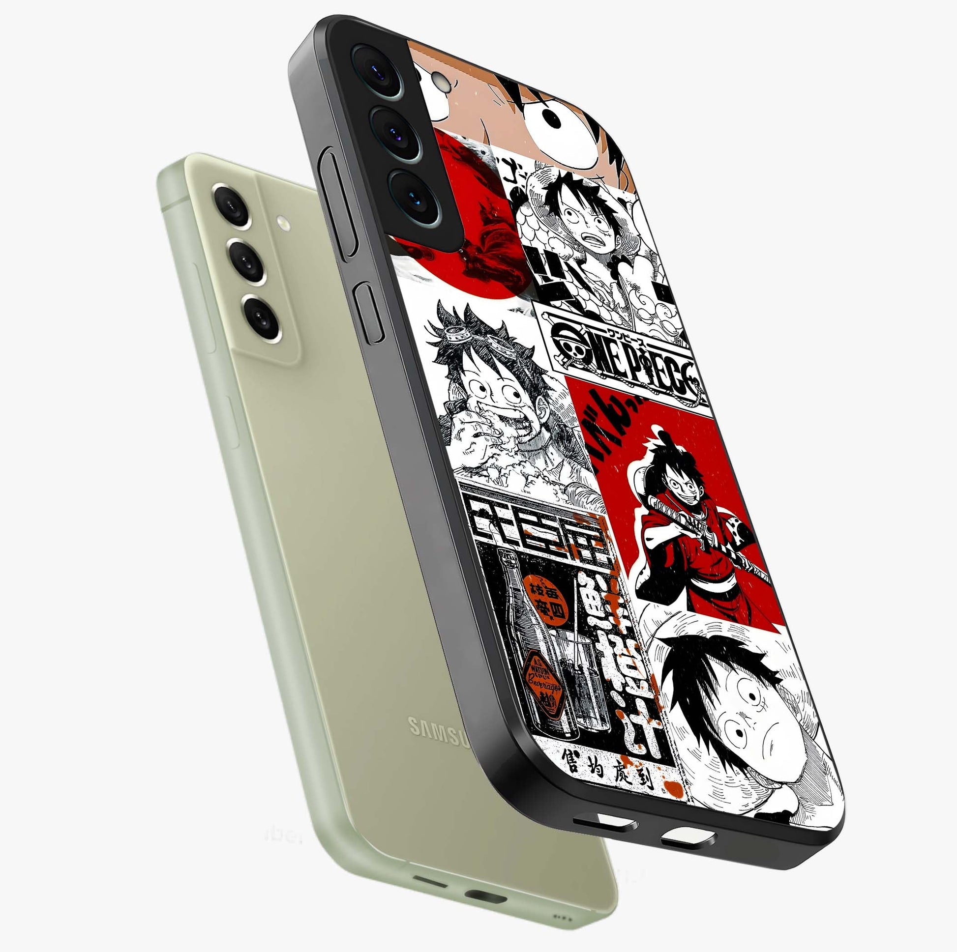 Strawhat Chaos Panels Glass Case displayed in angled mockup highlighting vibrant anime collage design with action aesthetic.